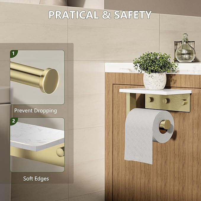 Marble Toilet Paper Holder with Shelf, Evolvegoods Brushed Gold Bathroom Toilet Paper Holder Wall Mount, 304 Stainless Steel Modern Toilet Paper Roll Holder Storage Tissue Holder