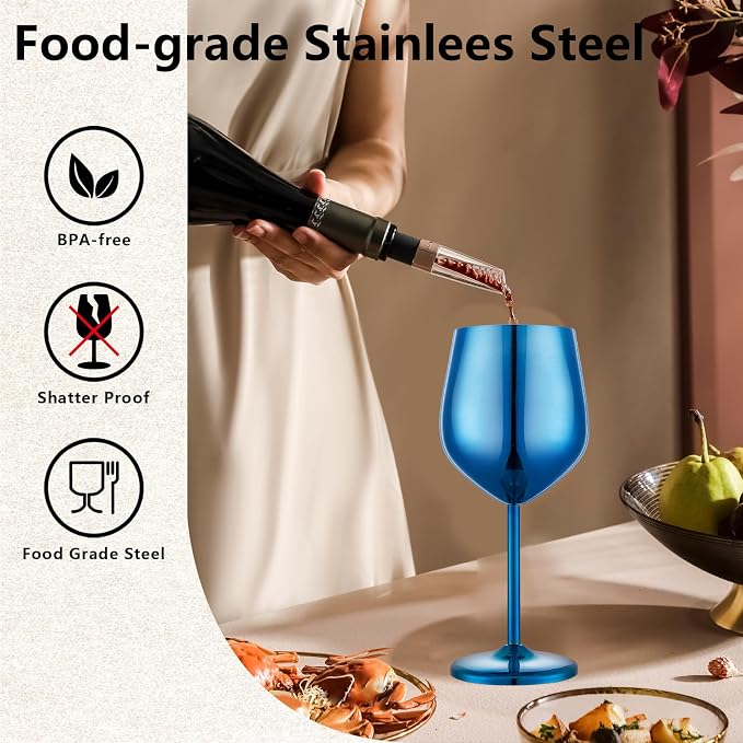 UNISWEET Unbreakable Stainless Steel Wine Glasses Set of 4, Blue | 17oz Unique Fancy Metal Wine Goblets, Shatterproof, Ideal for Outdoor, Camping, Travel, Pool, Great Gift for Wine Lovers
