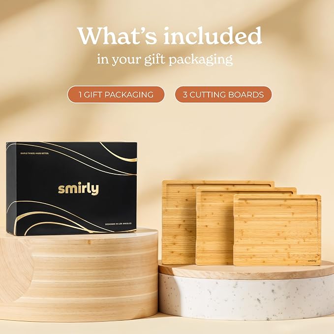 SMIRLY Bamboo Cutting Board - 3 Pack Wood Cutting Boards for Kitchen | Non Toxic Wooden Cutting Board with Juice Grooves and Handles, Multiple Sizes Chopping Board for Meal Prep & Charcuterie