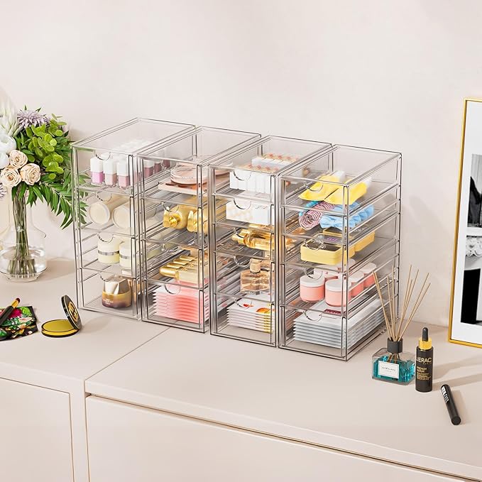 YFXCVSL Acrylic Makeup Organizer with 31 Drawers, 6 Pack Clear Storage Drawers, Bathroom Makeup Organizer for Palettes, Cosmetic, and Beauty Supplies,Ideal for Vanity, Cabinet,Desk Organization