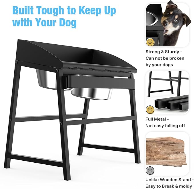 Bobbie & Laxi 15" Tilted Elevated Dog Bowl, Large Breeds Non-Spill Design | Raised Dog Bowl with Stand;Stainless Steel Dog Food Bowl & Water Bowl Set with Raised Splash Wall;Easy Clean Large Dog Bowl