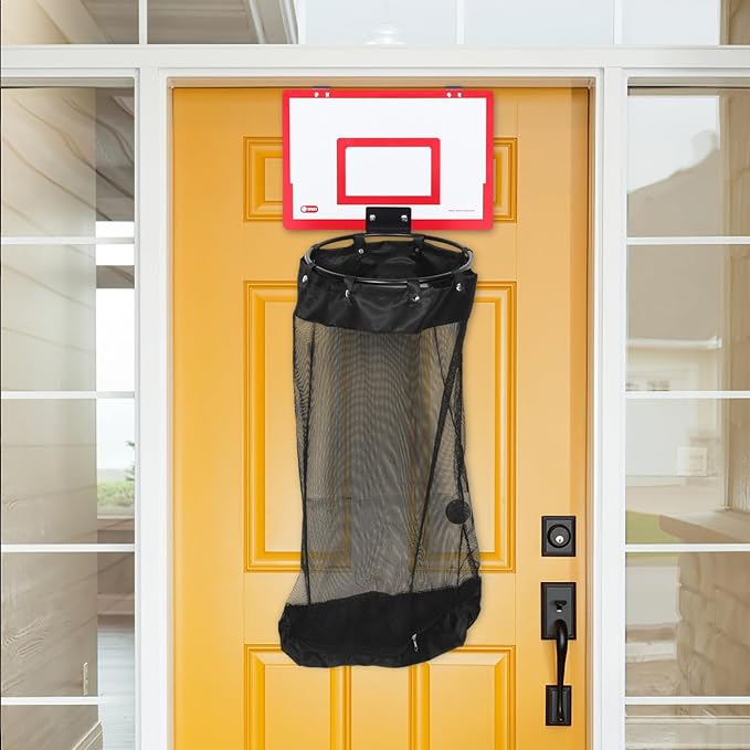 Basketball Hoop with Mesh Bag Laundry Hamper over Door for Dorm Rooms | Wood and Iron Build, Detachable Net, Adhesive Hook Setup, Blankets and Sports Gear