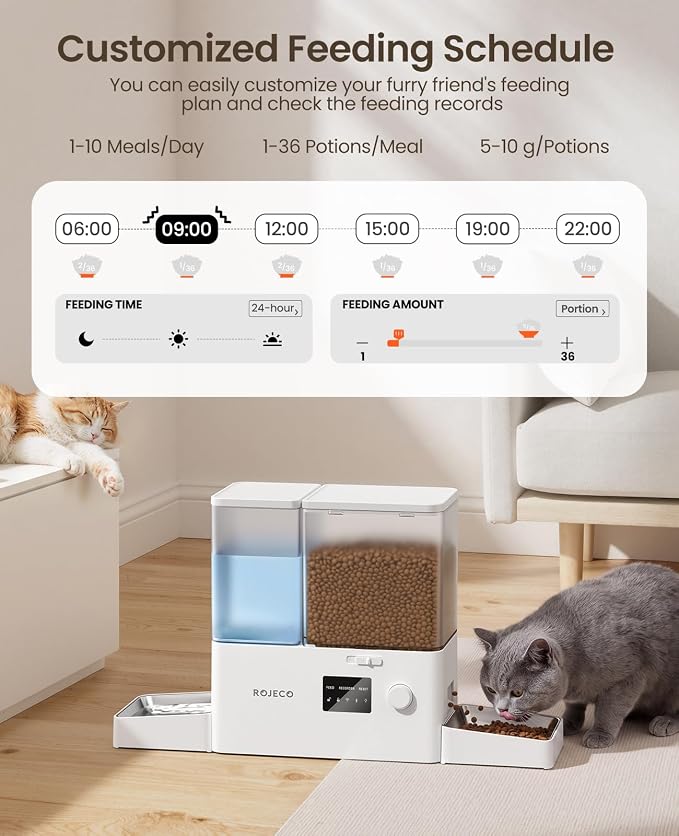 2-in-1 Automatic Cat Feeder & Water Dispenser,WiFi Control Feeding | 2.4G WiFi APP/Timed Feeding/5L Food Feeder,3.5L Water Fountain/Stainless Steel Bowls/Detachable Clean/White