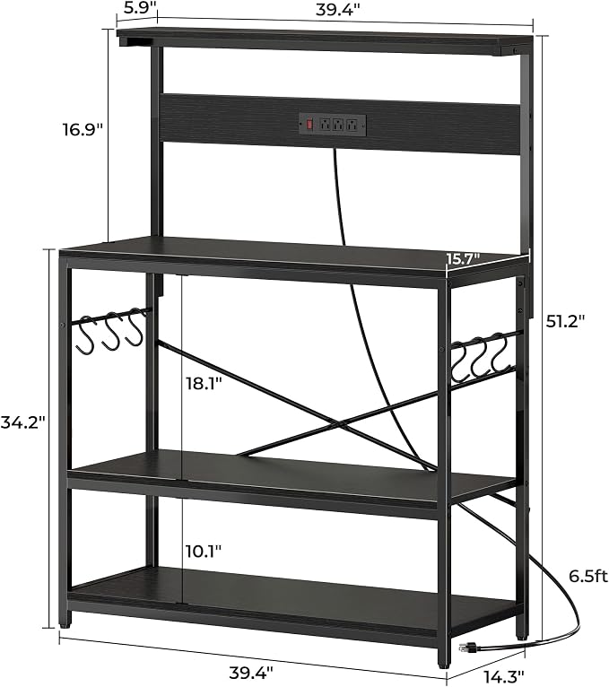 SUPERJARE Bakers Rack with Power Outlets, Microwave Stand, 39.4 X 14.3 Inch Larger Desktop, Kitchen Storage Rack with Adjustable Middle Shelf, 6 S-Shaped Hooks, Coffee Bar Stand, Black