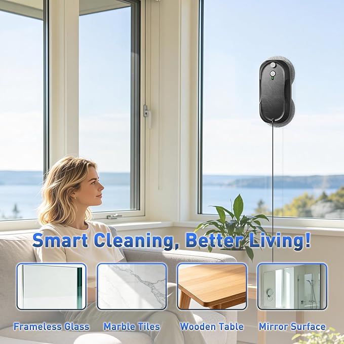 KKI Window Cleaning Robot, Upgrade Window Cleaner Robot, Auto Spray, Max 6400pa,3 Cleaning Modes & Edge Detection, Remote Control for High-Rise Windows, Glass Door,4Sets Cloths,Black