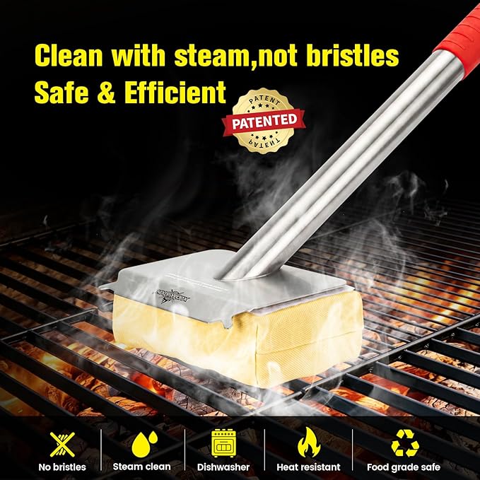 Bristle-Free Steam Grill Brush – No Shedding Bristles, Unique Wave Pads for Deep Cleaning Blackstone, Weber, and Stainless Steel Grills – Safe for Outdoor BBQ Cleaning