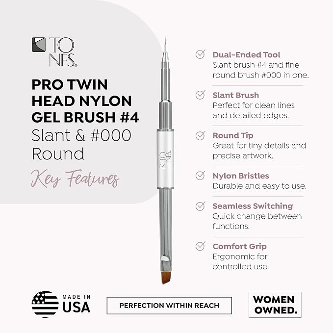 Tones Twin Head Nail Art Nylon Gel Brush - Brush for Gel Nails - Ultra Precise Nail Sculpting and 3D Nail Art Brush best for Salon & Home (#4 Flat & #000 Round)