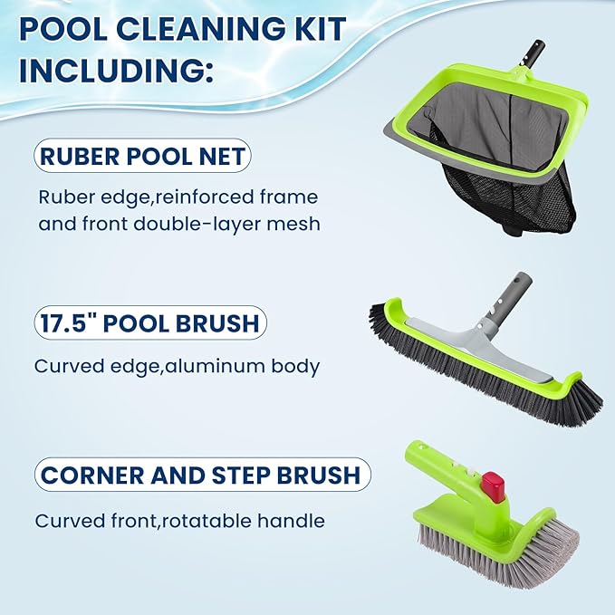 Sepetrel 3-Piece Pool Cleaning Kit (No Pole), 17.5" Aluminum Wall Brush, Leaf Skimmer Net with Rubber Edge and 90° Rotatable Scrub Brush for Above Ground Pools and Vinyl Liners