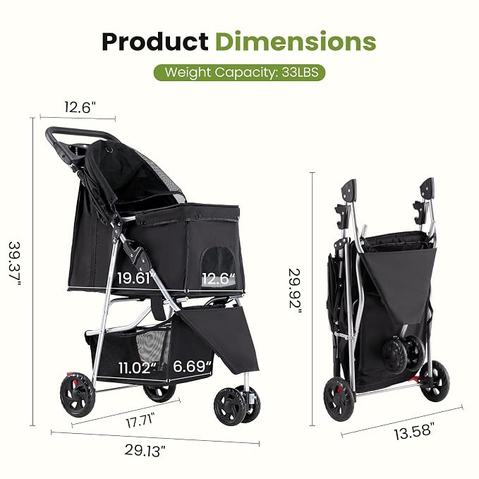DUMOS 3 Wheels Pet Stroller for Small Dogs and Cats – Foldable Dog Stroller with Mesh Windows, Storage Basket & Cup Holder, Lightweight & Durable Pet Carrier for Travel, Outdoor Use – Black