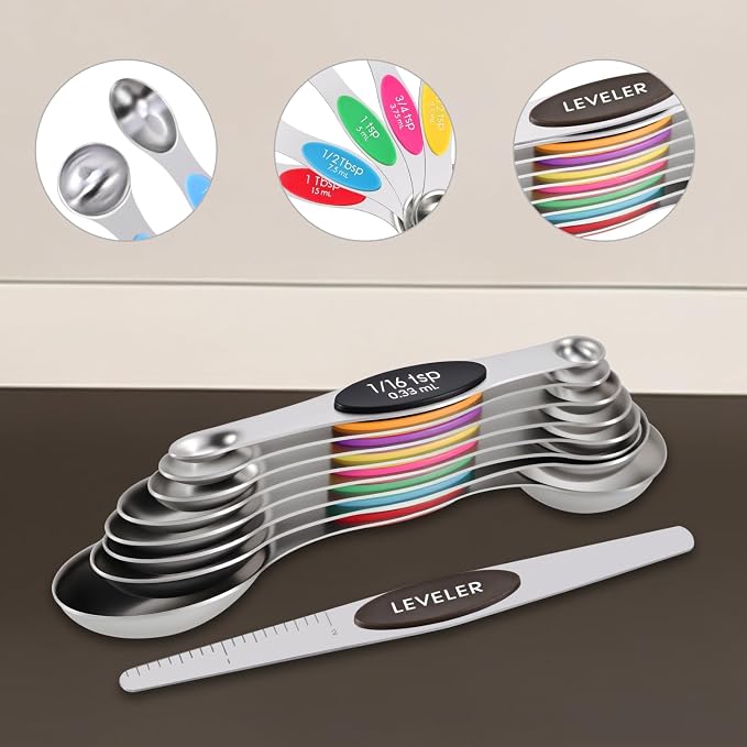 EDELIN Magnetic Measuring Cups and Spoons Set, Stainless Steel 7 cup and 7 spoon with 1 Leveler, 18/8 304 stainless steel (Multicolour 15 sets)