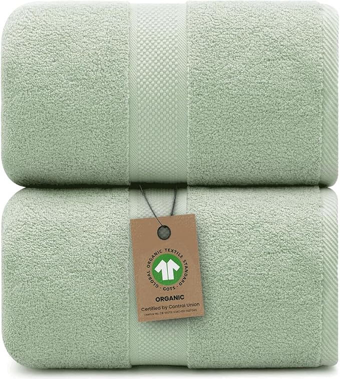 Alusa Home 100% Organic Luxury Bath Sheets - GOTS Certified - Extra Large 35x70 Inches (Pack of 2) Zero-Twist, Long-Staple Cotton Bath Sheet Set (Eucalyptus Green)