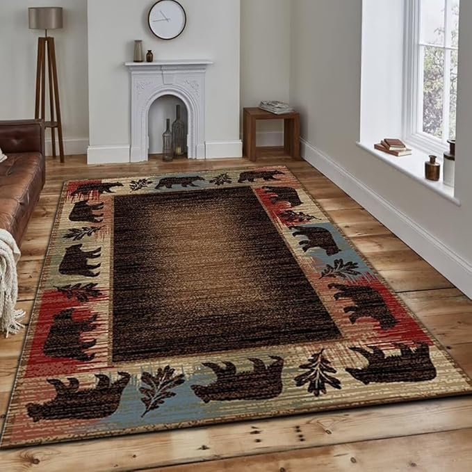 Retro Rustic Lodge Cabin Bear Rugs for Bedroom Colorful Patchwork Floor Carpet Non-Slip Rectangular Floor Mats Bear Throw Rug 5'x7'