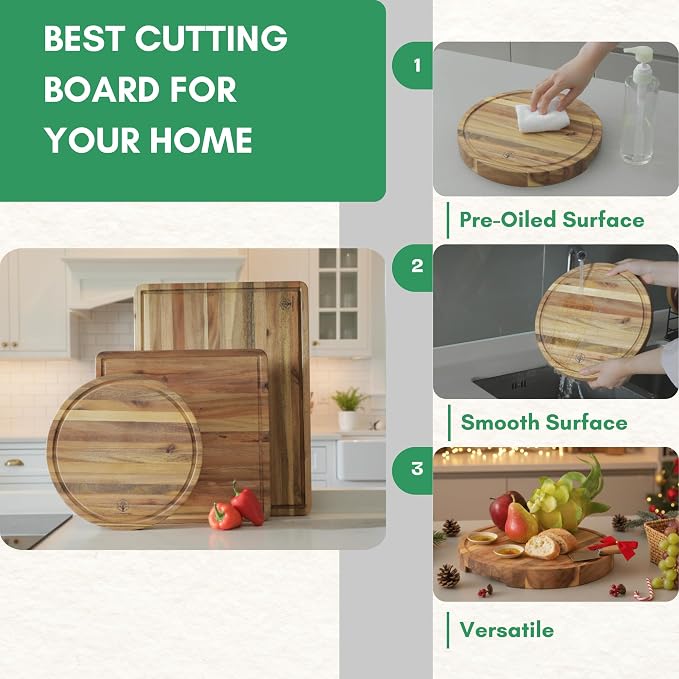Round Acacia Wood Cutting Boards for Kitchen, 1.5 in Thick Butcher Block Construction for Stability, 12 x 12 in Round Cutting Boards with Gift Box, Juice Groove and Handle