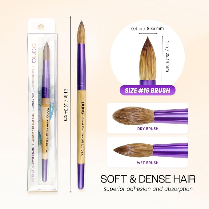 PANA Pure Kolinsky Hair Acrylic Nail Brush - Round Shape Purple Ferrule with Beige Wood Handle (Size 16) - Nail Brush for Acrylic Nail Application, Nail Extension, Manicure Pedicure Salon Beginner and