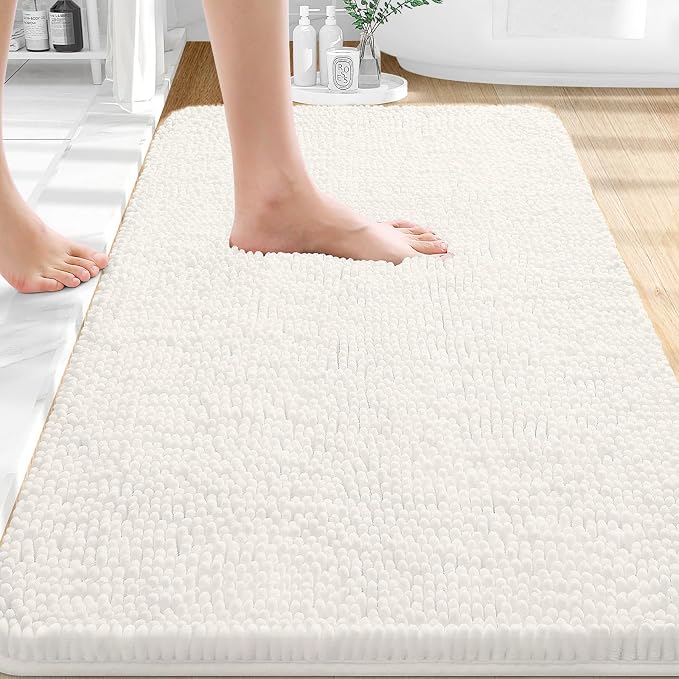 OLANLY Bathroom Rugs 30x18, Extra Soft Absorbent Chenille Bath Rugs, Rubber Backing Quick Dry, Machine Washable Bath Mats for Bathroom Floor, Tub and Shower, Home Decor Accessories, Ivory