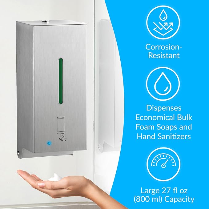 BOBRICK 2013 Stainless Steel Automatic Wall-Mounted Foam Soap Dispenser, Satin Finish, 27-FL oz. 4-1/4” W, 10-17/32” H, 4-7/32” D