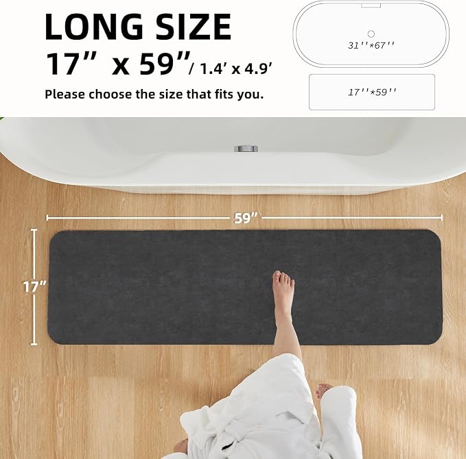 TYUU Bath Mat, Bathroom Rugs Non Slip Washable Thin Absorbent Quick Dry Bath Mat Fits Under Door Bathroom Floor Mat Perfect for Bath, Shower, or Sink 17"x59" Dark Grey