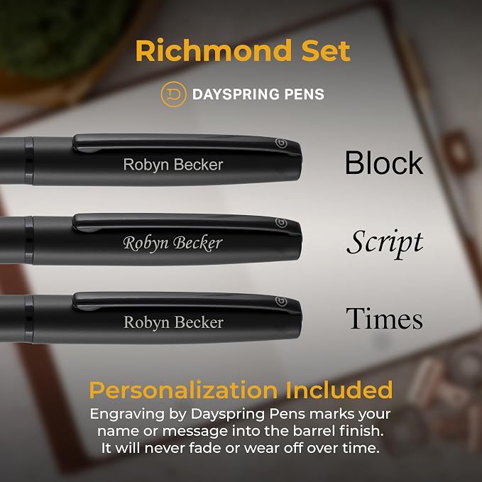 Dayspring Pens Richmond Engraved Ballpoint Pen and 0.7mm Pencil Set, Matte Black, Parker G-2 Compatible Ink, Personalized Gift for Graduation, Career Advancement, New Job, Birthdays, Gift Box Included