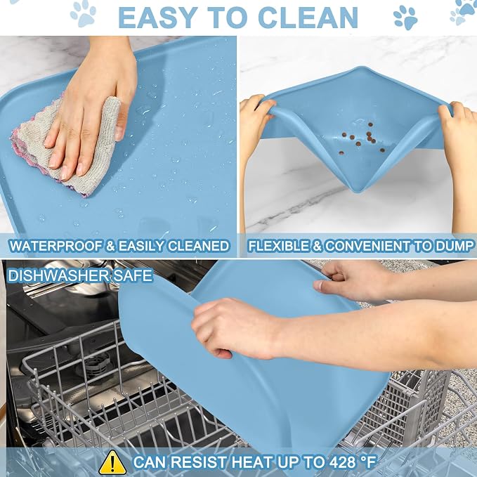 SMILOOL Waterproof Silicone Pet Food Mat with Raised Edge for Dog & Cat | 24" x 16" Non-Slip Pet Feeding Mats with Lip for Food & Water Bowl, Food Grade, Easy Cleaning, Light Blue
