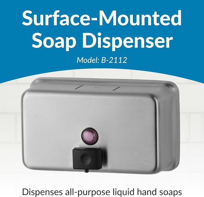Bobrick Surface-Mounted Soap Dispenser - Satin-Finish Stainless Steel, 40-fl oz Capacity, Manual Liquid Soap Dispenser with Low Soap Indicator, Top Fill, Vandal-Resistant, Wall-Mounted Design (B-2112)