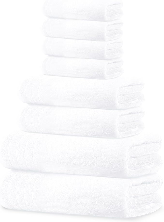 Tens Towels 8 Piece Towel Set, 2 XL Bath, 2 Hand, 4 Washcloth, White | 100% Cotton, Lighter Weight, Quicker to Dry, Super Absorbent, Perfect for Bathroom