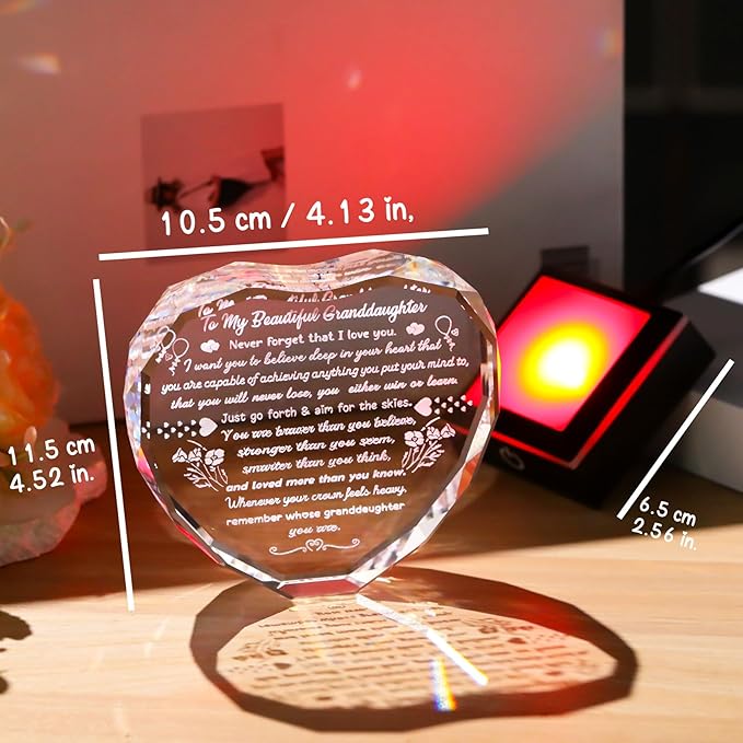 Arikyrist Gifts for Granddaughter Mothers Day Granddaughter Gifts from Grandma - Crystal Heart Plaque with LED Base Meaningful Granddaughter Presents on Birthday Graduation Wedding Christmas