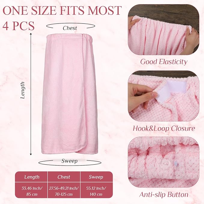 4 Pcs Towel Wrap for Women Waffle Spa Robe with Adjustable Closure Elastic Top Lightweight Wraps for Bath Shower