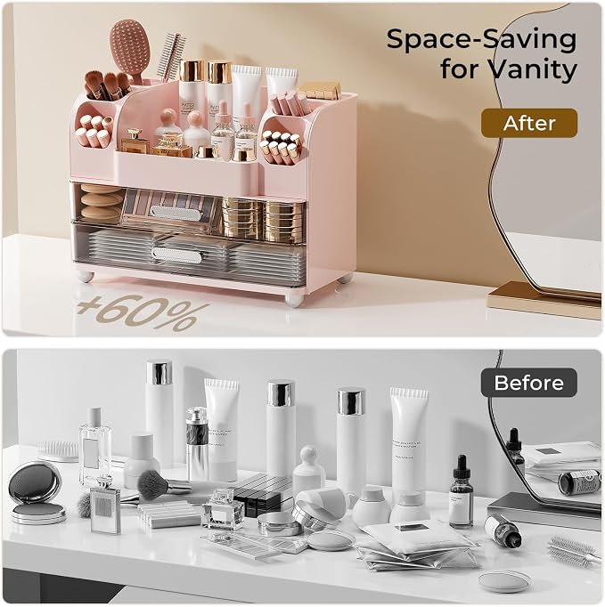 UFORU Makeup Organizer for Vanity with 2 Large Drawers, Cosmetic Display Case with Brush Holders, Easy to Storage for Bathroom Countertop Skincare, Perfume, Pink