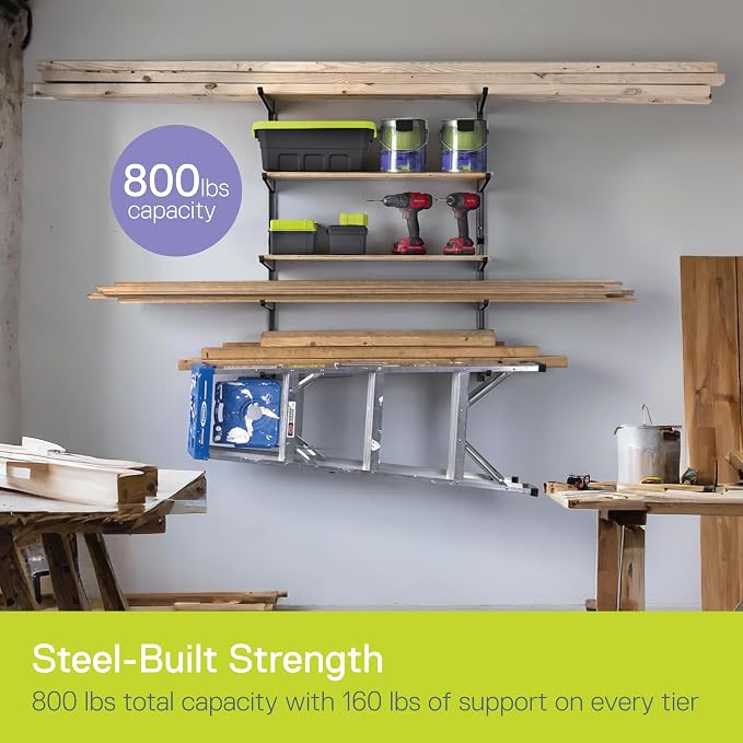 Delta Heavy Duty Lumber Storage Rack Cycle, Holds Up to 800 lbs - Easy to Install Wood Storage Rack with Fully Adjustable Arms - Steel Construction Storage Solution for Garage, Basement & Pantry
