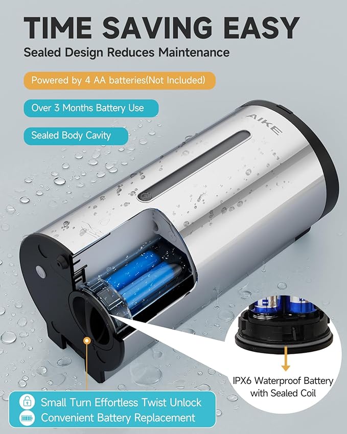 AIKE Automatic Liquid Soap Dispenser,25oz Capacity for Bathroom,Polished | No-Drill and Screw Wall Mount Install Design for Space-Saving,4*AA batteries(Not Included) Ensure Long Standby,Model AK1205E
