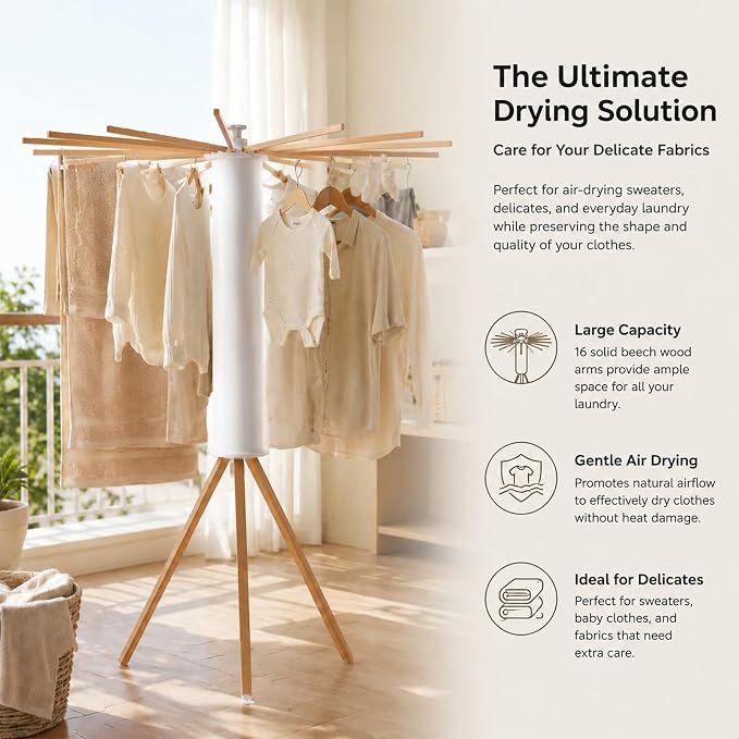 Foldable Clothes Drying Rack, Laundry Drying Rack Collapsible, 16-Pole Solid Beech Wood Tripod Clothes Drying Rack, Portable Clothes Drying Rack, Indoor/Outdoor Clothes Drying Rack