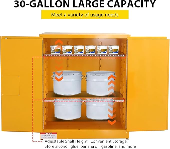 Flammable Storage Cabinet 43" x 18" x 44", 30 Gallon Galvanized Steel Flammable Liquid Storage Locker with Adjustable Shelves & Manual-Close Doors, OSHA Compliant Hazardous Material Cabinet, Yellow