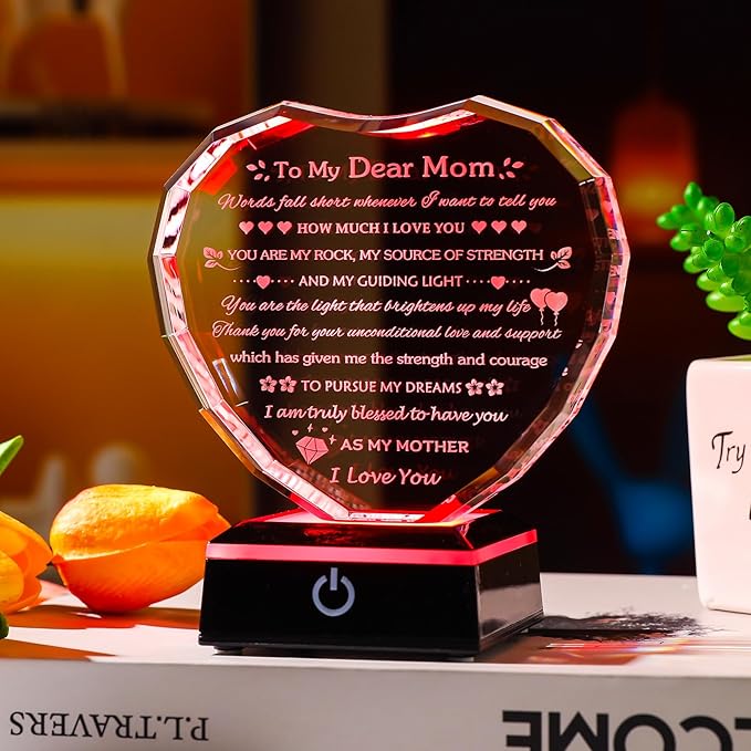 Arikyrist Gifts for Mom with Colorful LED Base Moms Birthday Gifts from Daughter Son to My Mom Gift Crystal Heart Keepsake Best Mother Presents Idea for Christmas Mother's Day Valentine