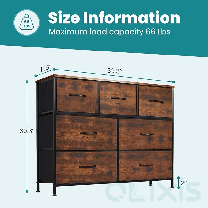 OLIXIS 7 Drawer Dresser for Bedroom, Wide Fabric Storage Tower with Wooden Top and Metal Frame, Closet Chest Organizer Furniture, TV Stand for Living Room Hallway, Rust Brown