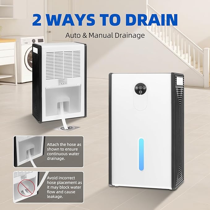 Dehumidifier for Basement, 1076 sq.ft Dehumidifiers for Home Bedroom Bathroom RV with Drain Hose, 72 OZ Quiet Portable Dehumidifier with Auto Shut Off, Auto Defrost, 7 Color LED Light, Sleep Mode