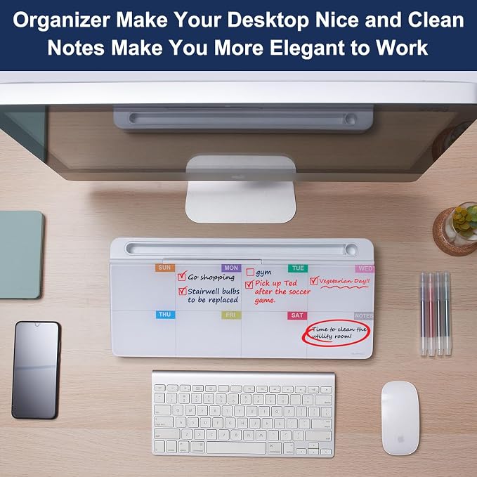 TSJ OFFICE Whiteboard Weekly Dry-Erase-Board - Desktop White Board Calendar Desk Organizers with Accessories Computer Keyboard Stand with Drawer, for Office, Home, School Supplies - White Calendar