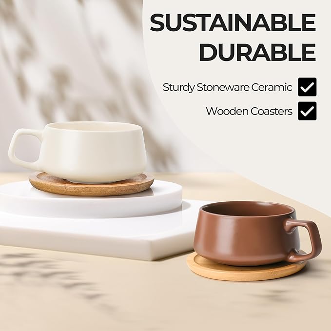 MIAMIO - Cappuccino Cup Set of 4, Ceramic (11oz) - Luxe (Beige Pastel) | Ceramic cappuccino cups and saucers, wide latte cups and mugs for Americano, 4-piece set of ceramic cups, dishwasher safe