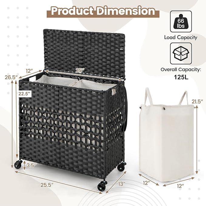 Giantex Laundry Hamper with Wheels and Lid, 33 Gal (125L) Wicker Laundry Basket, 2 Removable Liner Bags, Handles and Pulling Strap, Synthetic Rattan Rolling Laundry Hamper Clothes Storage