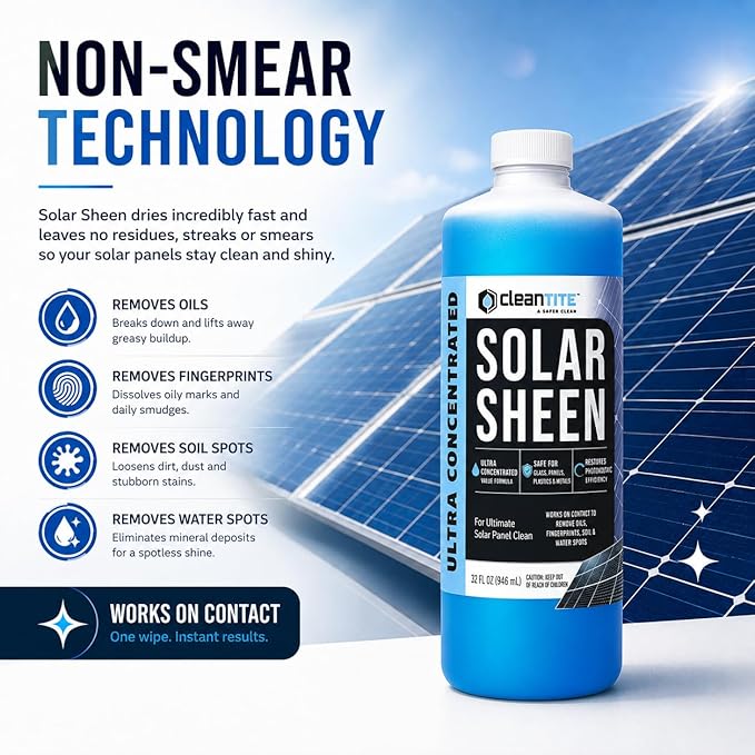 Solar Panel Cleaner 32 Oz (Makes 128 G) - Super Concentrated Cleaning Solution for Glass, Metal, Wood & Plastic - Remove Oil, Fingerprint & Water Spots - Multipurpose Solar Panel Cleaning