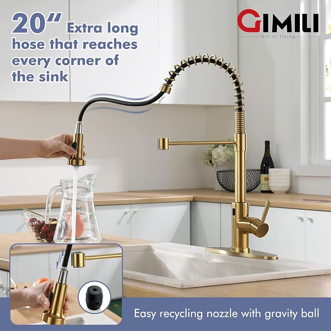 GIMILI Gold Touchless Faucet with Pull Down Sprayer, Motion Sensor Smart Activated Single Hole Spring Faucet for Kitchen Sink