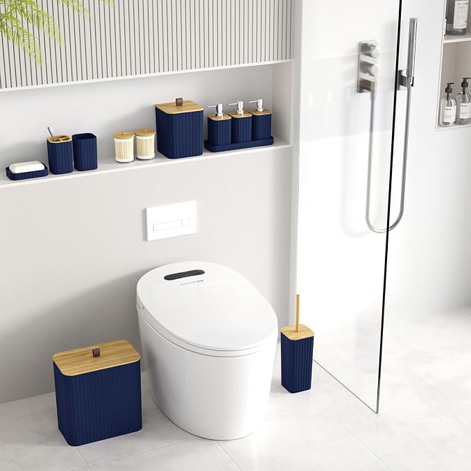 Bathroom Accessory Set - Navy Blue Bathroom Set, 12PC Bathroom Accessories Set, Blue Bathroom Accessories Set, Mini Trash Can, Toilet Brush, Trash Can & Soap Dispenser