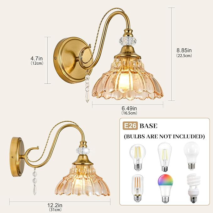 1 Piece Vintage Wall Sconce, 1-Light Brushed Gold Finish Wall Sconce with Hanging Crystal Accents and Flower-Shaped Amber Shades for Bathroom Bedroom Living Room,Vintage Vanity Light