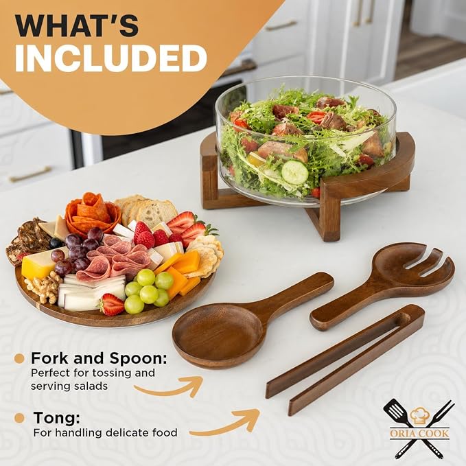 X-Large 6.5 L Glass Salad Bowl with Lid Set, Decorative Glass Mixing Bowl, Trifle and Serving Bowls with Lids as Cheese Charcuterie Board and Plate, Comes with Wood Serving Utensils