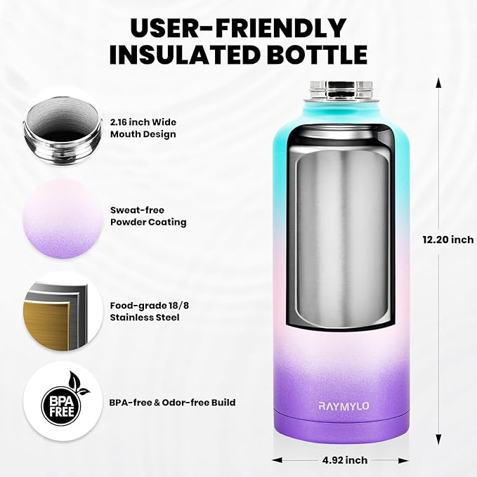RAYMYLO Insulated Water Bottle 87 oz, Triple Wall Vacuum Stainless Steel (Cold for 48 Hrs), Leak Proof & Non-BPA, Modern Water Flask Jug with Paracord Handle & Straw Spout Lids, Hydrangea