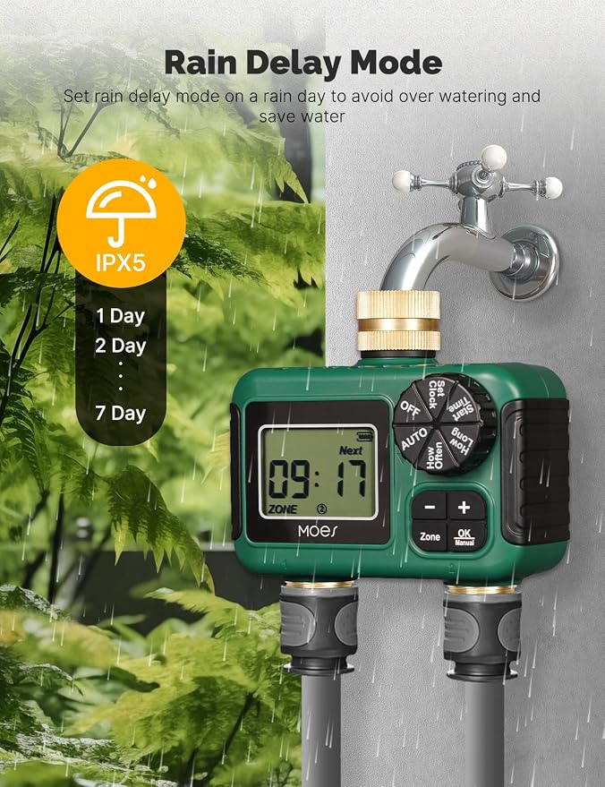 MOES 2 Outlet Sprinkler Timer, Brass Inlet & Outlet, Programmable Automatic Irrigation Controller, Rain Delay, Manual Watering, 2 Zone Water Hose Timer for Gardens, Lawns, and Hose Systems