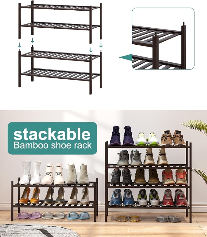 viewcare 2-Tier Shoe Rack for Entryway, Bamboo Shoe Rack for Closet, Free Standing Shoe Racks for Indoor Outdoor, Stackable Shoe Shelf Storage Organizer for Hallway Closet