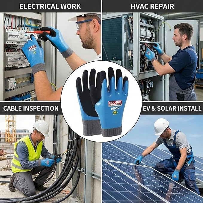 Electrician Gloves, 1000V ASTM D120 Certified, Blue Large | Double insulated.Class 0 rated.High voltage rubber safety work gloves for electrical maintenance & utility work.