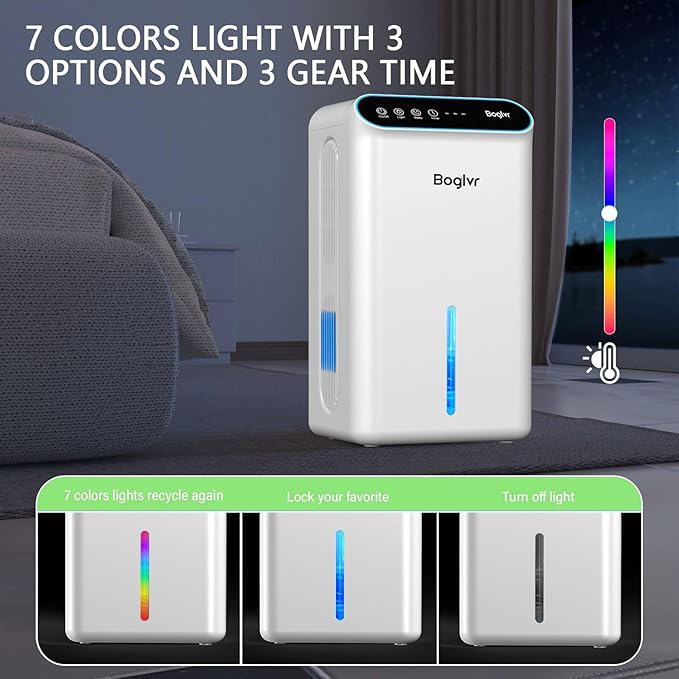 Dehumidifier for Home up to 1000 sq.ft, 98oz Small Quiet Dehumidifier with Drain Hose, 3 Timer Modes, Auto Shut Off, Aromatherapy & 7 Color Light for Bedroom, Bathroom, Basement (Deep White)