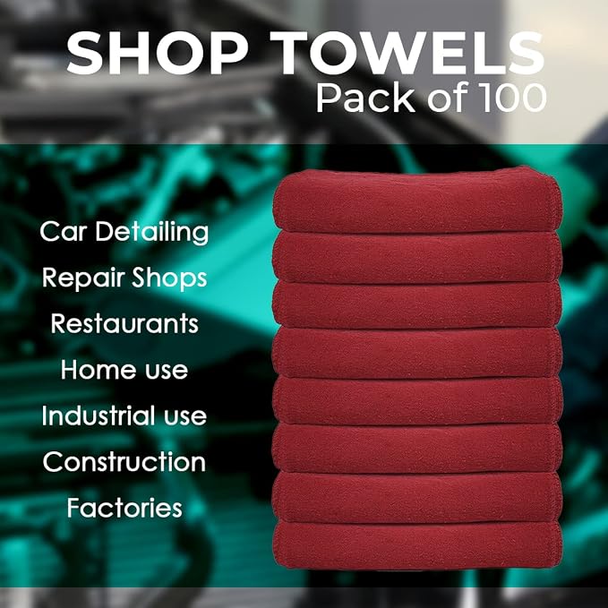 Avalon Towels Cotton Shop Rags – (Pack of 100) Size 12x14 Inches Cleaning Rags – Absorbent Shop Towels and Multipurpose Cleaning Towels for Automobiles, Industries, Garage and Homes (Red)