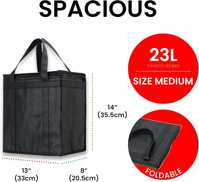 Insulated Food Bag, Portable Cooler Tote (Medium, Black, 2 Pack) | Thermal bag, For cold and hot food, Soft sided cooler, Heavy duty 4-layered tote, Grocery shopping, Beach or travel bag